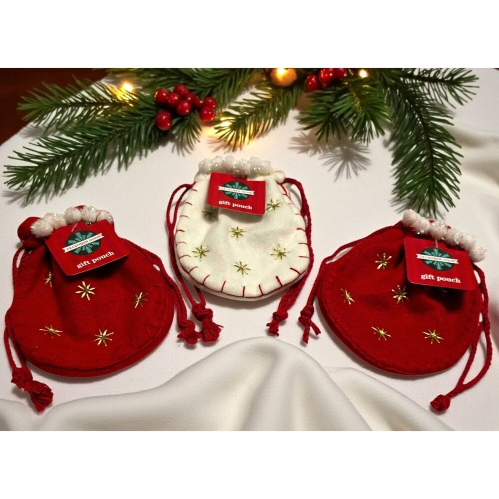 3 New Gift Pouch Card Bag Drawstring Christmas Holiday Small Purse Gold Stars